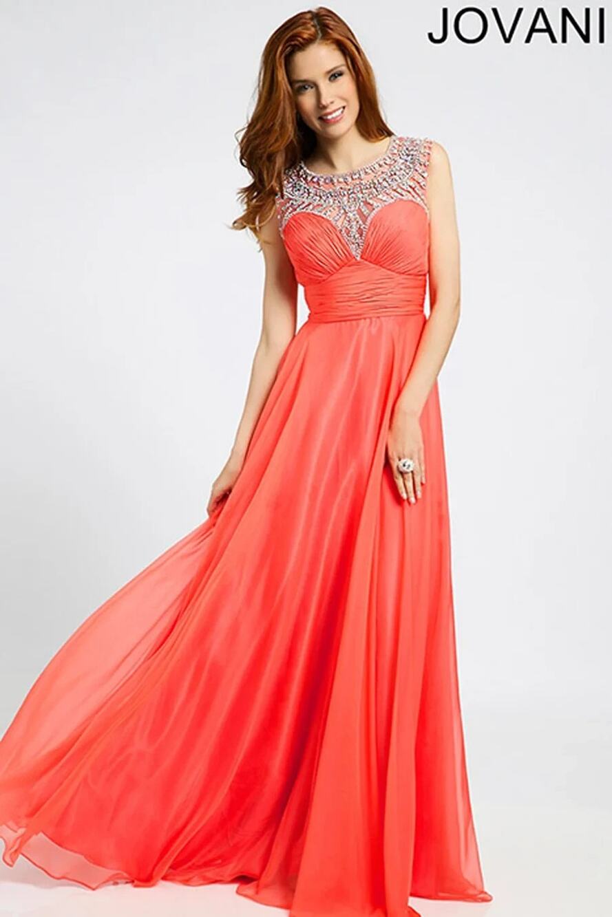 Jovani Prom Evening Gown Dress Women 4 Coral Orange Illusion Neck Crystal Beaded